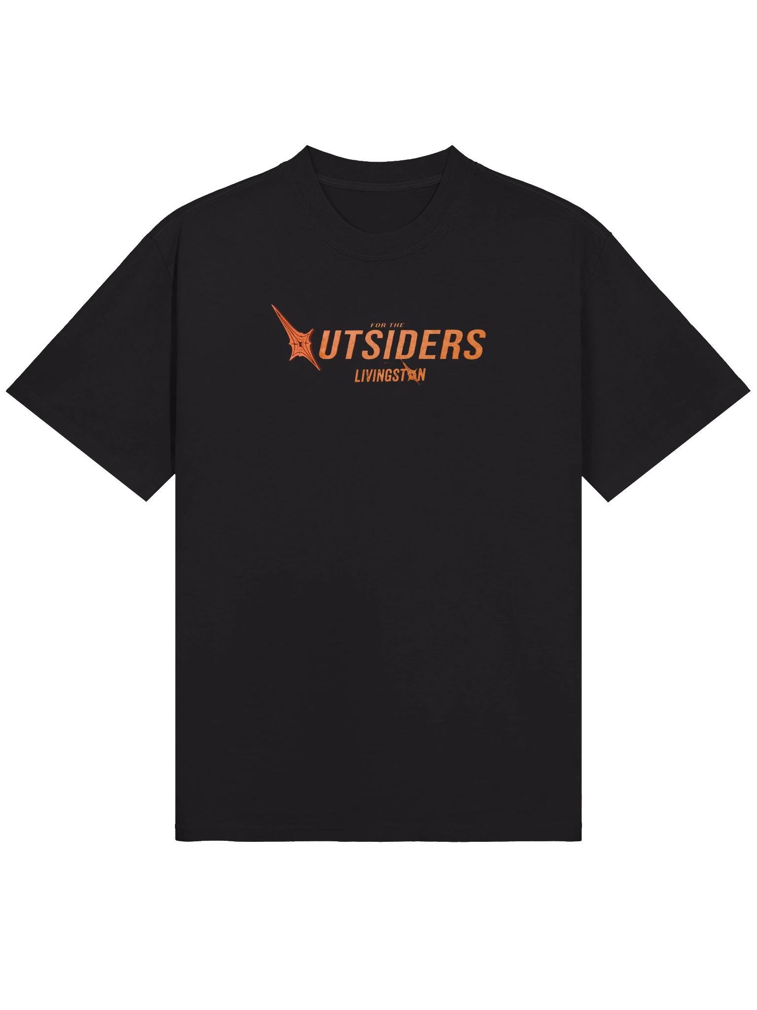 Actual current supplier product image of the faded-black Outsiders Tee with the approved orange chest print.